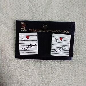 Treasures of the topics I love school Square white goldtone pierced earrings